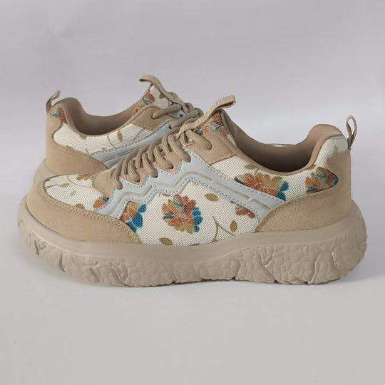 Damen nan modische Plateau-Sneaker mit floralem Canvasmuster und Velourslederbesatz EB