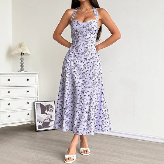 Damen Sommerliches Maxikleid mit floralem Halterdesign und seitlichem Schlitz EB