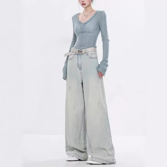Damen Elegante Weitbein-Jeans mit modischen Akzentuierungen und hohem Bund EB