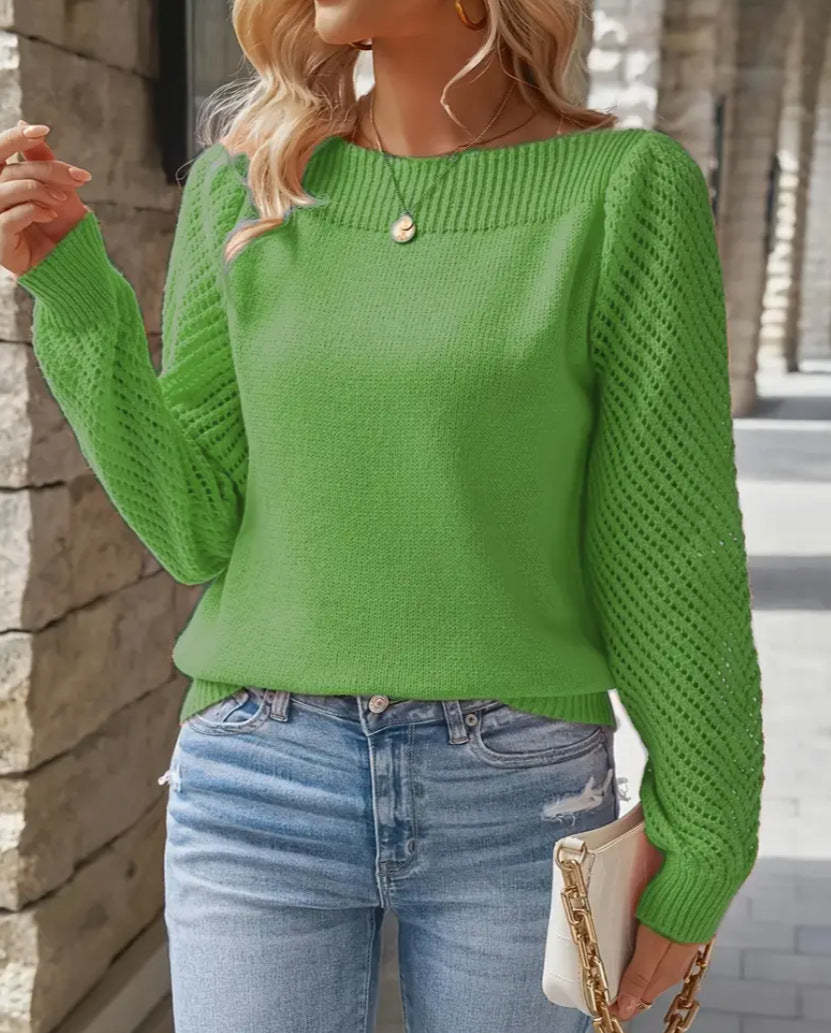Damen nan feiner Strickpullover mit Ajour- Puffärmeln und U-Boot-Ausschnitt EB