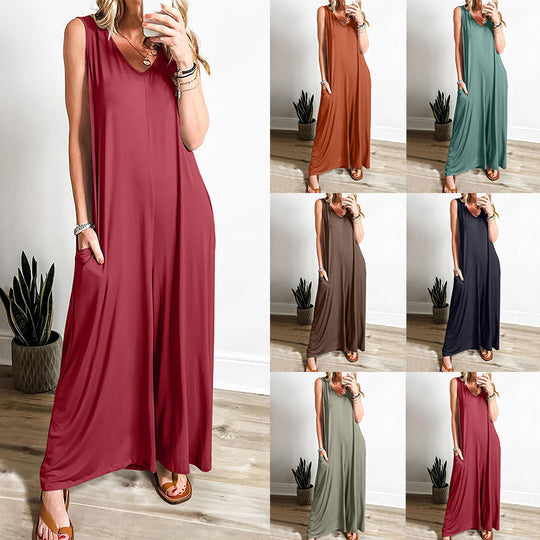 Damen Lockerer Jumpsuit mit tiefem V-Ausschnitt und seitlichen Taschen EB