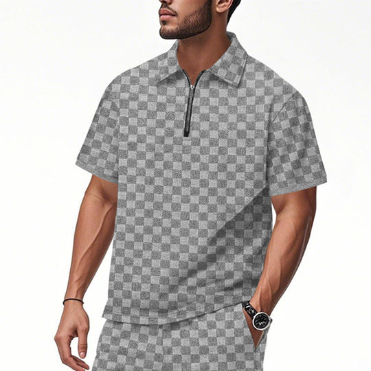 Herren Poloshirt mit halbem Reißverschluss und modernem Karomuster EB