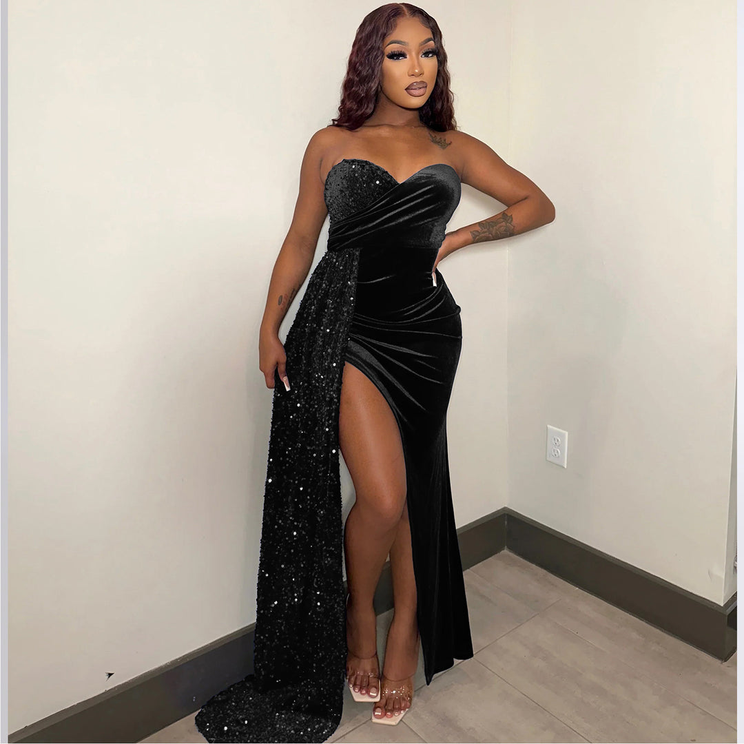 Damen Glamouröses Abendkleid mit schimmerndem Satin und hohem Schlitz EB