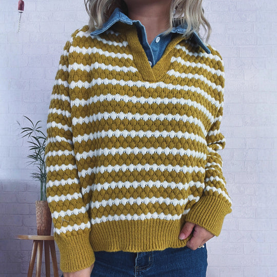 Damen Strickpullover mit tiefem V-Ausschnitt und markantem Streifenmuster EB