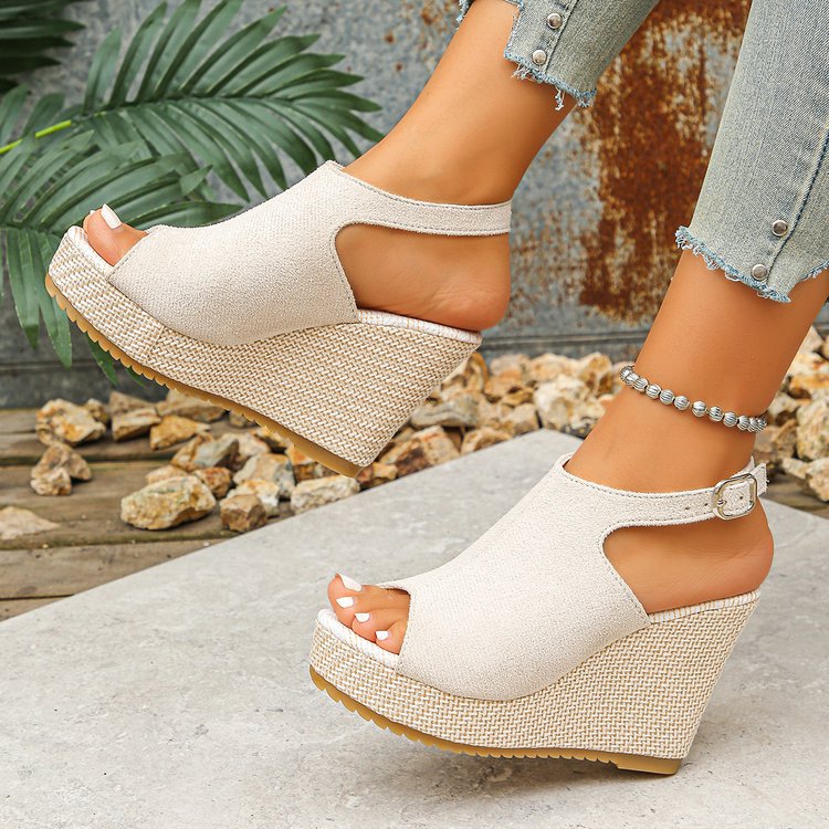 Damen Wedge-Pantoletten mit offenem Zehenbereich und modischem Riemendesign EB