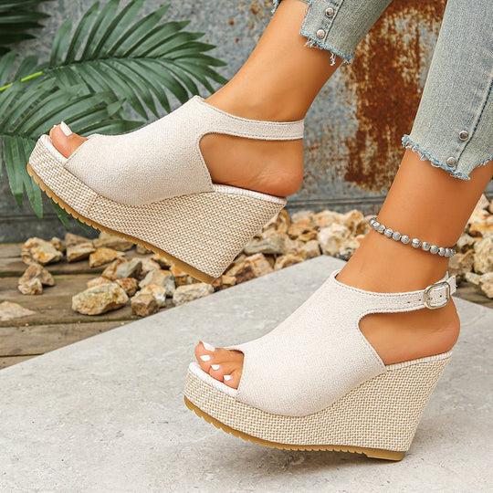 Damen Wedge-Pantoletten mit offenem Zehenbereich und modischem Riemendesign EB