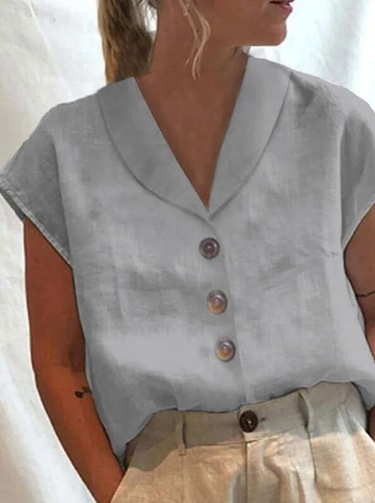 Damen nan luftige Leinenbluse mit weitem V-Kragen, überschnittener Schulter und Zierknopfleiste EB