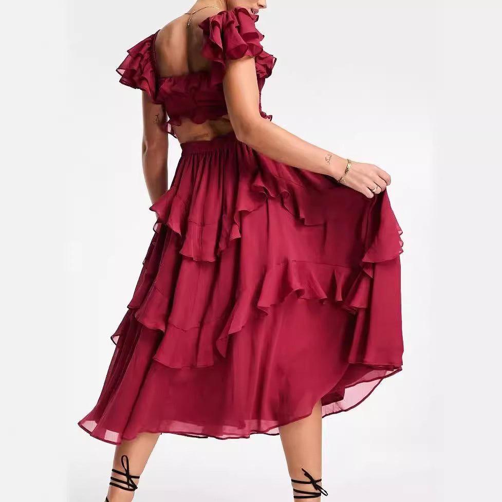 Damen Rüschen Maxikleid mit fließendem Schnitt und romantischem Design EB