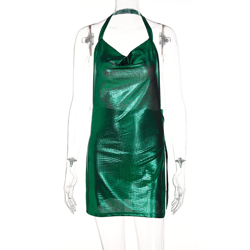 Damen glänzendes Minikleid im lässigen Chic-Stil mit Halternack EB