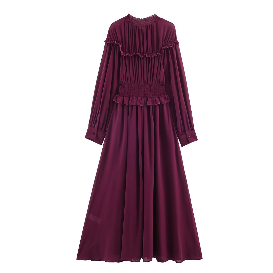 Damen Maxikleid mit voluminösen Rüschendetails und schmalem Gürtel EB