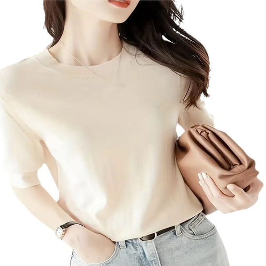 Damen eleganter Kurzarmpullover mit feiner Maschenstruktur und lässigem Schnitt EB