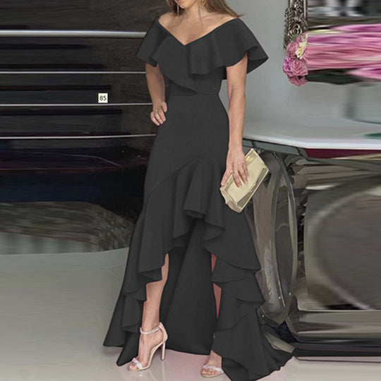 Damen aufregendes Abendkleid mit voluminösen Rüschendetails und asymmetrischem Saum EB