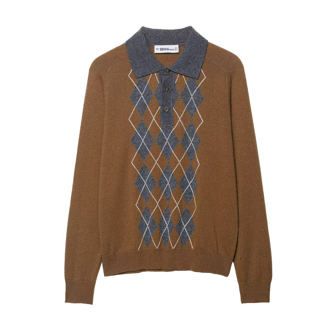 Damen Pullover mit klassischem Polokragen und modernem Rautenmuster EB