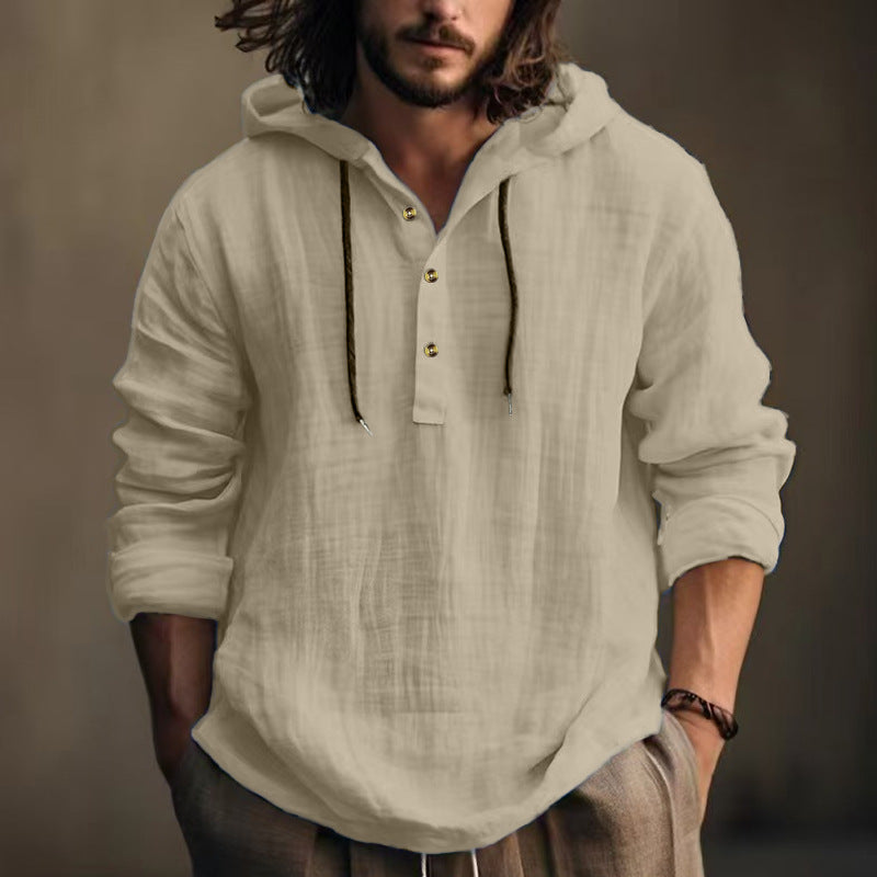 Herren nan leichtes Kapuzen-Henley Leinenhemd mit Knopfleiste und Kordelzug EB