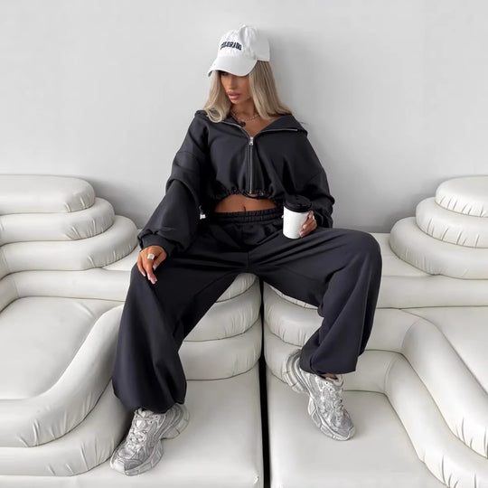 Damen Kurz geschnittenes Kapuzen-Sweatshirt und weite Lounge-Jogginghose Set EB