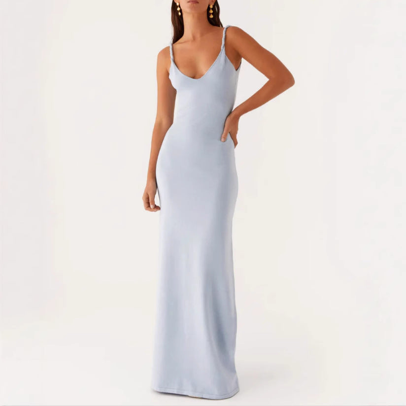 Damen Langarm-Maxikleid aus hochwertigem, elastischem Material mit tiefem V-Ausschnitt und eleganten Spaghetti-Trägern EB