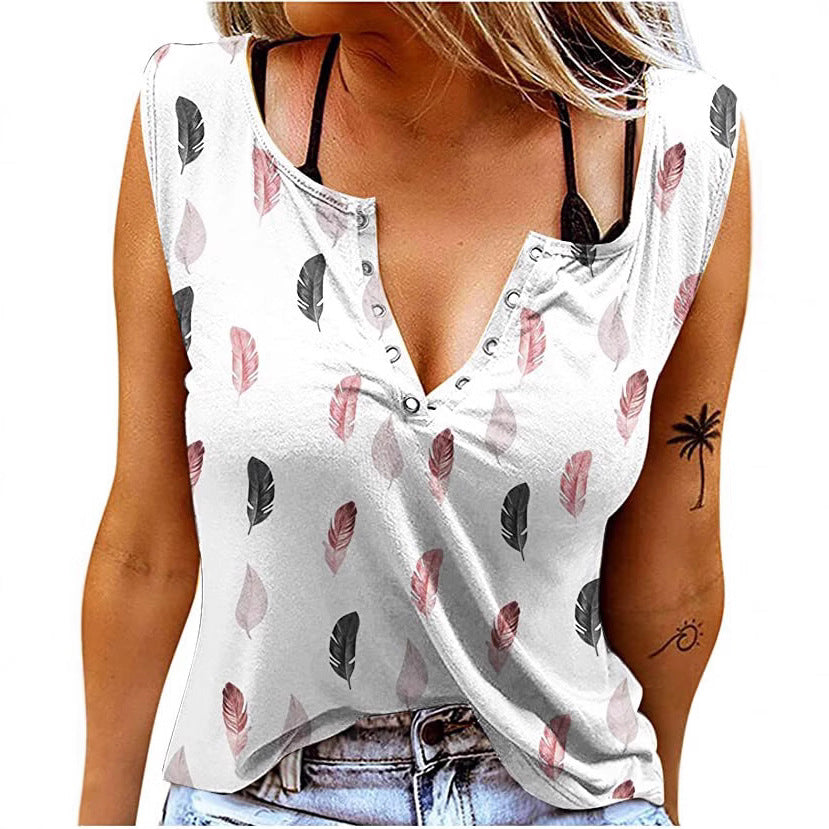 Damen Knopfleisten T-Shirt mit Federmuster EB