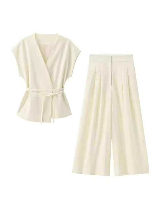 Damen elegantes Wickeloberteil und weite Palazzo-Hose Set EB