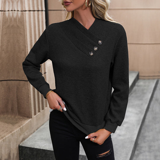 Damen eleganter Pullover mit asymmetrischem Ausschnitt und Knopfdetails EB