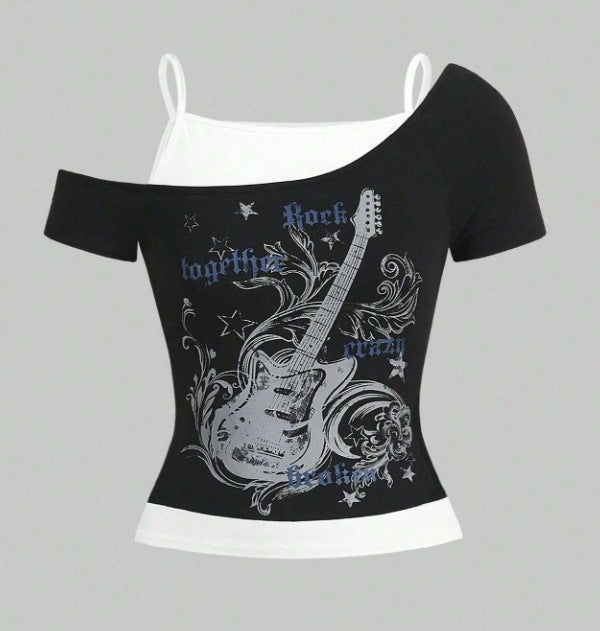 Damen Asymmetrisches Rock-T-Shirt mit grafischem Druck EB