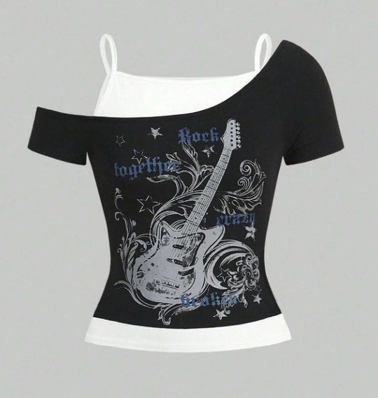Damen Asymmetrisches Rock-T-Shirt mit grafischem Druck EB