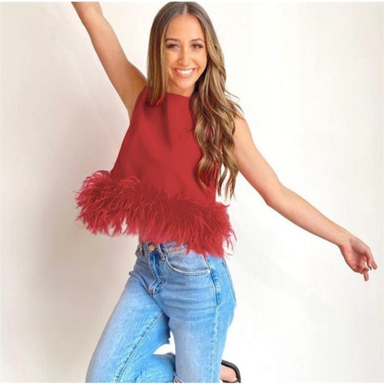 Damen Elegantes Top mit Federn und Rundhalsausschnitt EB