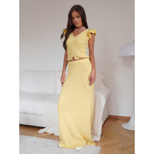 Damen Strick-Top und Maxiröcke-Set mit Rüschendetails EB