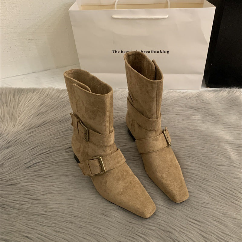 Damen elegante Stiefeletten aus hochwertigem Wildleder mit verstellbarem Riemen und spitzem Schnitt EB