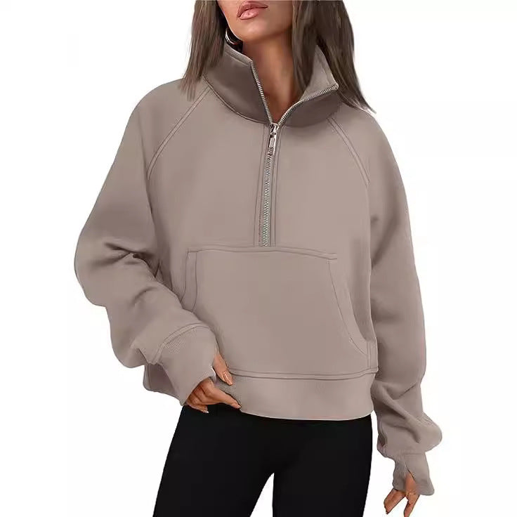 Damen nan cropped Halbzip-Sweatshirt mit hohem Stehkragen, Kängurutasche und überschnittener Schulter EB