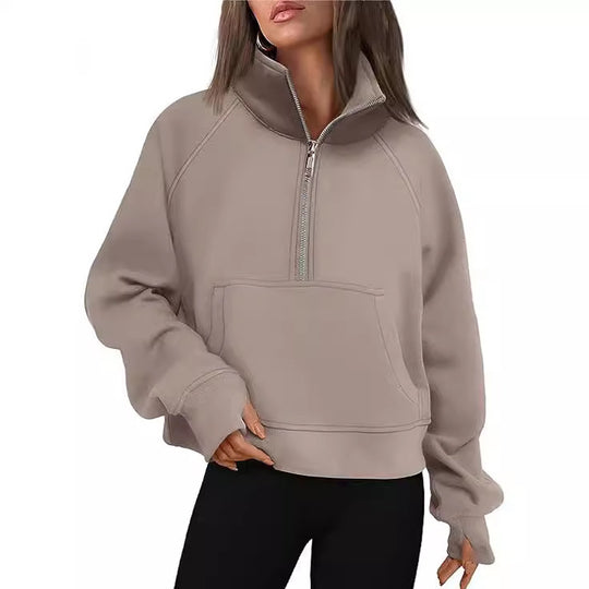 Damen nan cropped Halbzip-Sweatshirt mit hohem Stehkragen, Kängurutasche und überschnittener Schulter EB