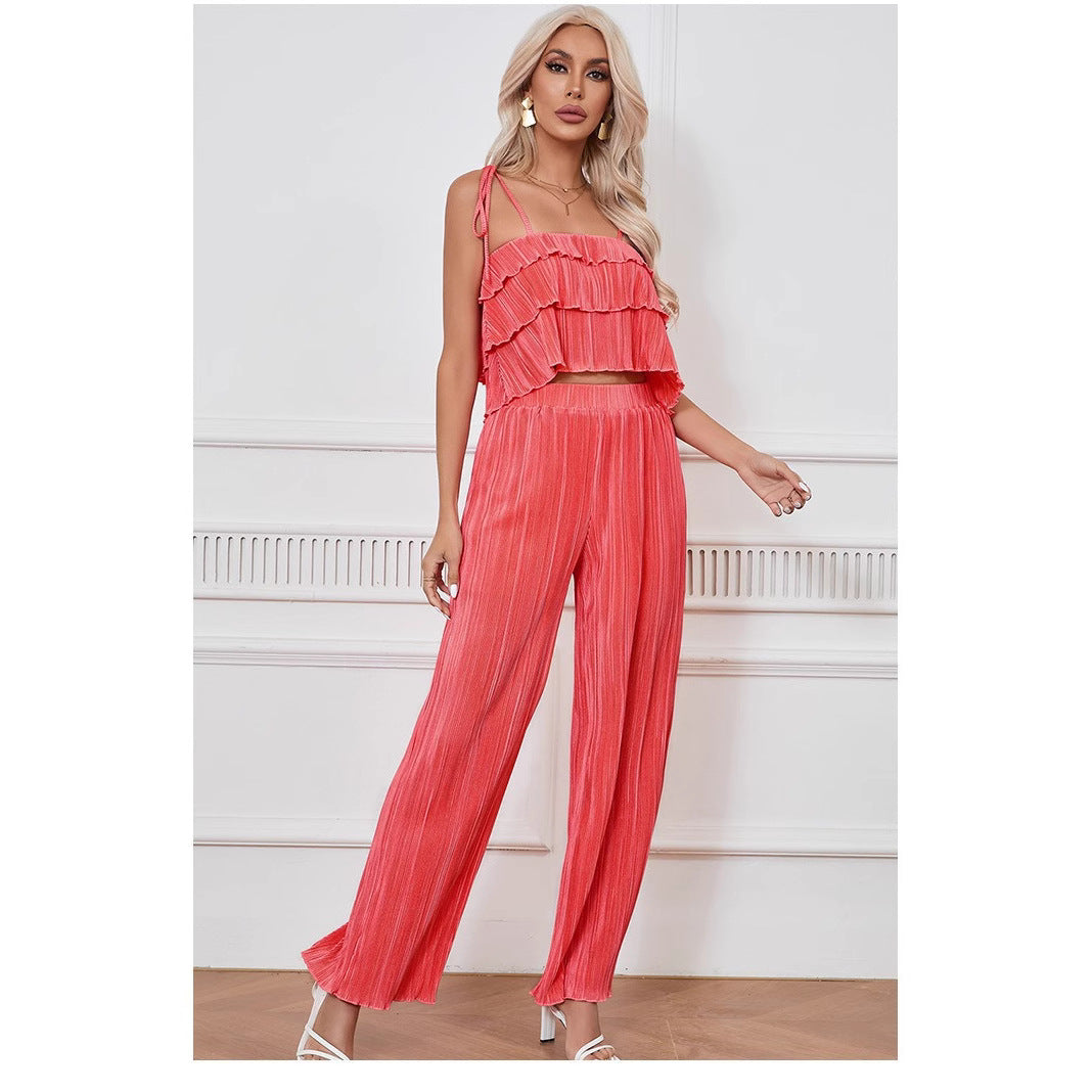 Damen Fließendes Jumpsuit mit Rüschendetails und stylischen Spaghetti-Trägern EB