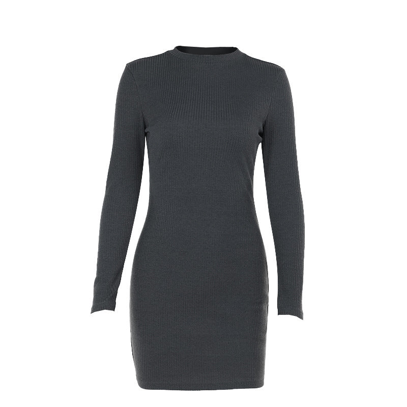 Damen elegantes, figurbetontes Strickkleid mit langen Ärmeln und hohem Kragen EB