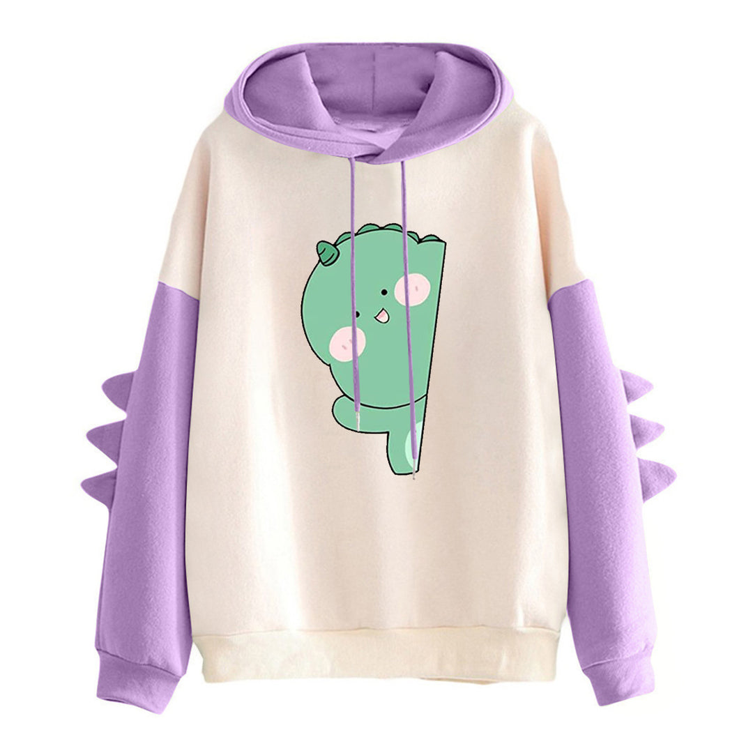 Damen nan weiter Kapuzenpullover mit dreidimensionalen Rückenstacheln und niedlichem Dino-Print EB