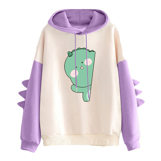 Damen nan weiter Kapuzenpullover mit dreidimensionalen Rückenstacheln und niedlichem Dino-Print EB
