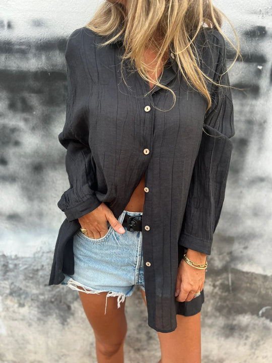 Damen nan lässige Oversize-Tunikahemd mit Leinenstruktur, Holzknopfleiste und verlängertem Saum EB