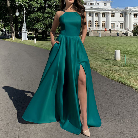 Damen Abendkleid mit raffiniertem Beinschlitz und schmalen Trägern EB
