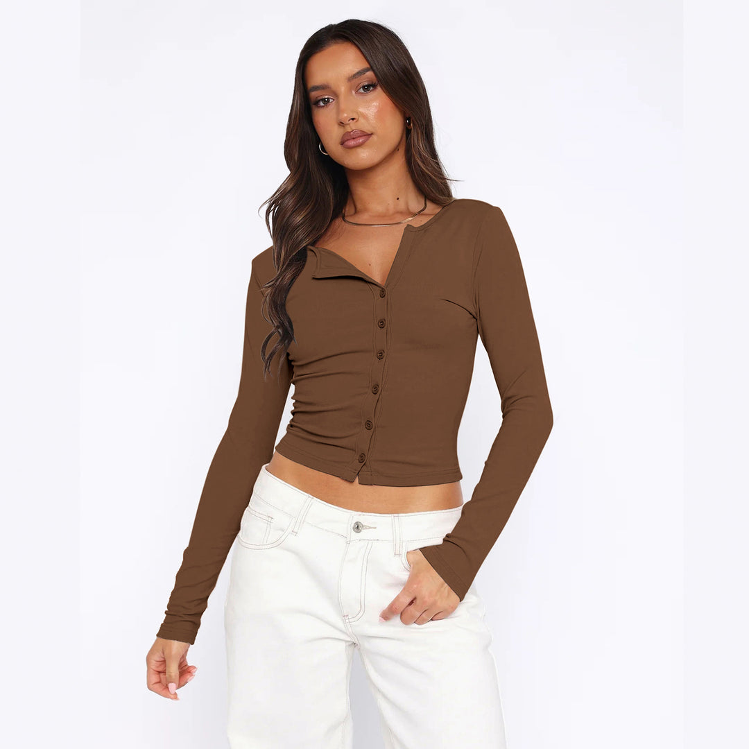 Damen figurbetontes Langarmshirt mit Knopfleiste EB