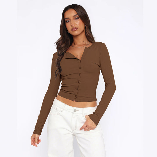 Damen figurbetontes Langarmshirt mit Knopfleiste EB