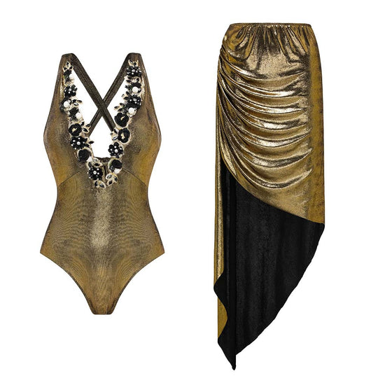 Damen Badeanzug mit off-shoulder Design und elegantem Rock EB