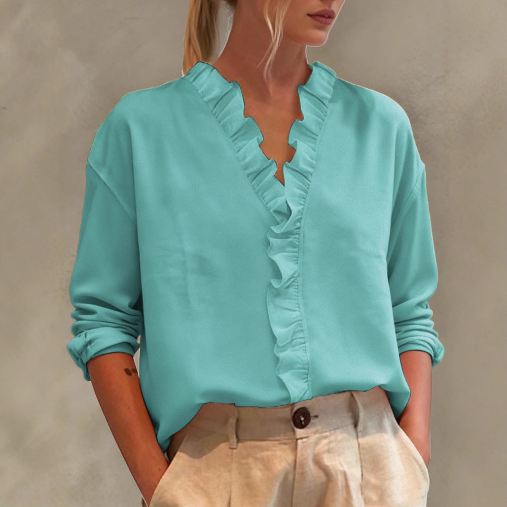 Damen Elegante V-Ausschnitt Bluse mit Volantbesatz und lockerem Oversize-Schnitt EB