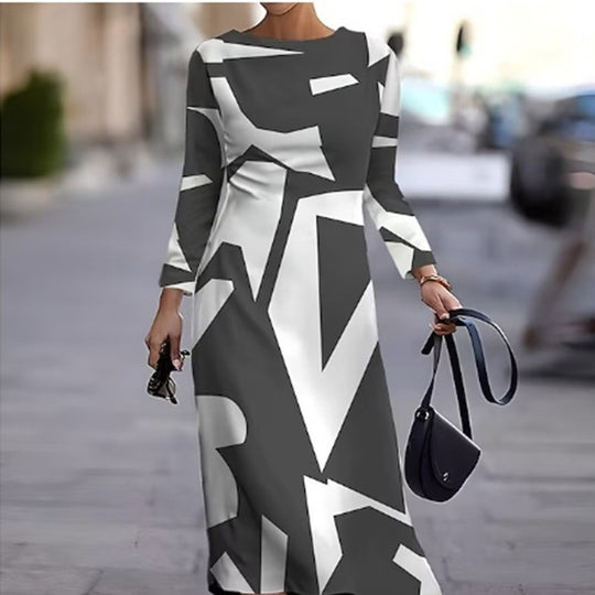 Damen Langarm Kleid mit grafischem Design und elegantem Schnitt EB