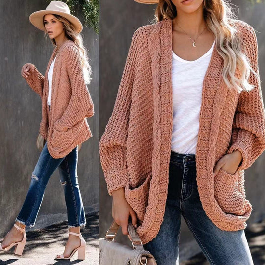 Damen Grobstrickjacke mit lässigen Konturen und großen Taschen EB