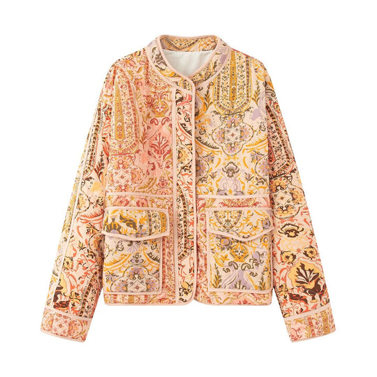Damen gesteppte Übergangsjacke mit floralem Muster und praktischen Taschen EB