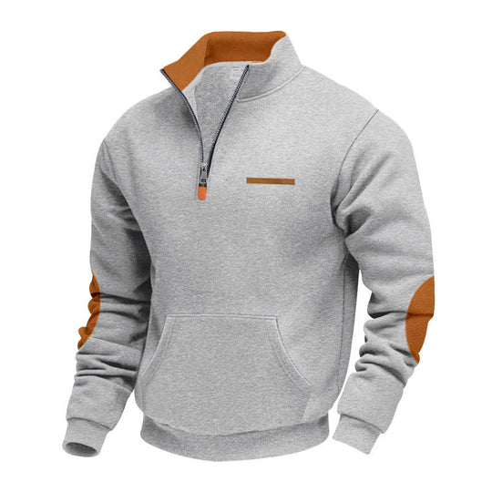 Herren nan Halbzip-Sweatpullover mit Stehkragen, Kängurutasche und Ellenbogenbesatz EB