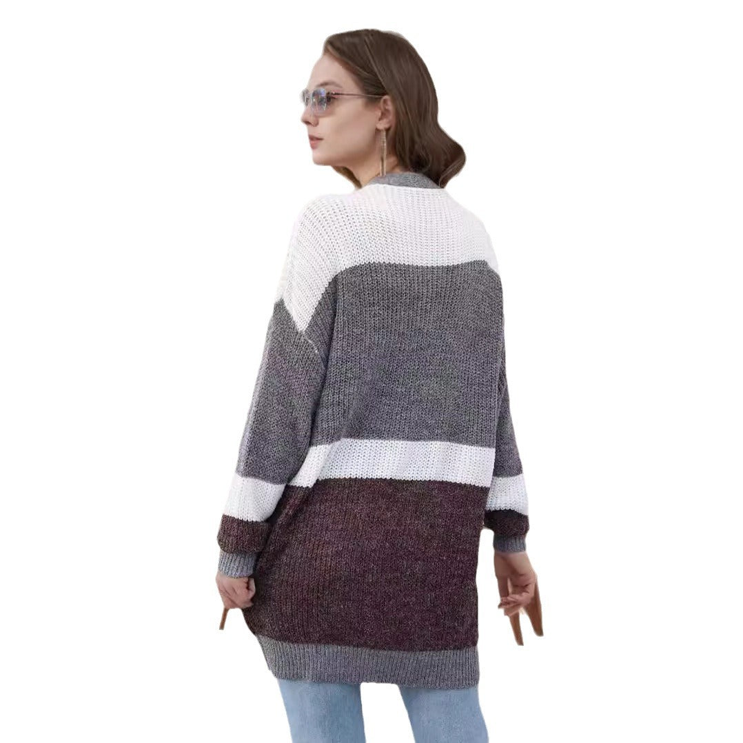 Damen lockere Strickjacke mit modischem Streifenmuster EB
