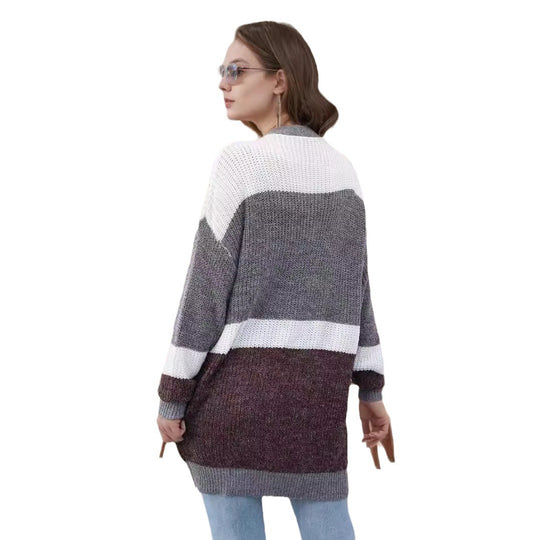 Damen lockere Strickjacke mit modischem Streifenmuster EB