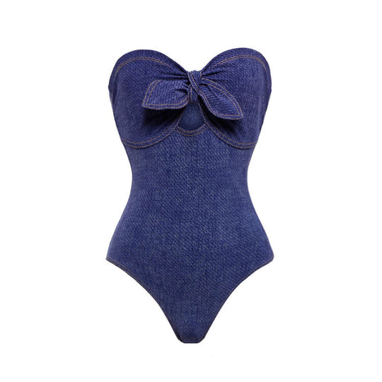 Damen Bandeau Badeanzug mit dekorativen Schleifen und gestreiftem Maxiröckchen EB