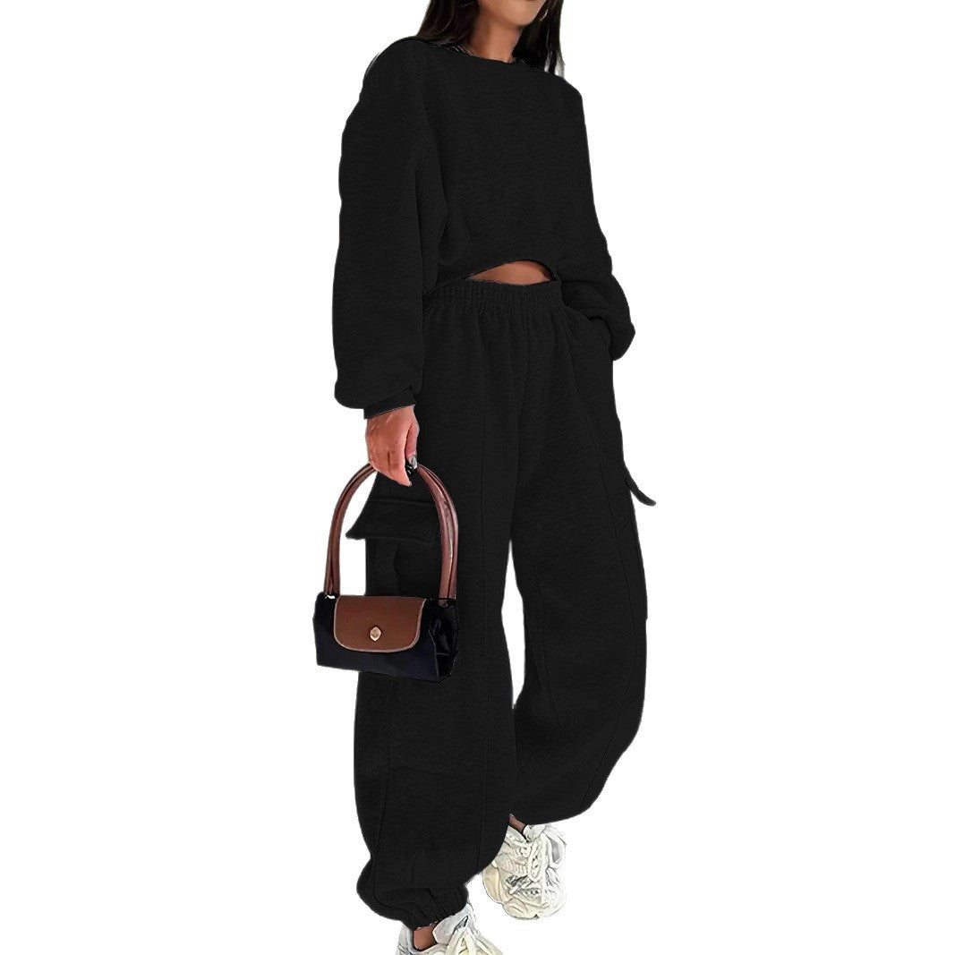 Damen Loungewear-Set mit kurzgeschnittenem Sweatshirt und weitem Cargo-Jogger mit elastischem Bund EB