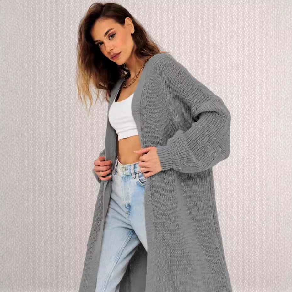 Damen Grober Strickmantel mit offenem Schnitt und tiefen Taschen EB