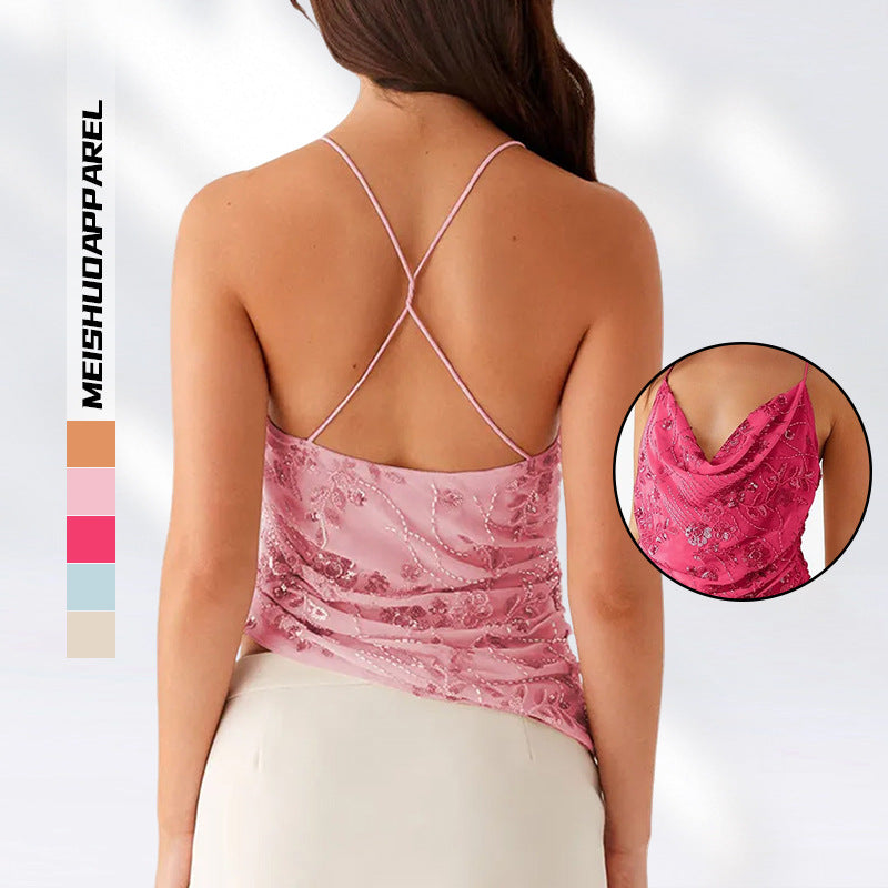 Damen Glamouröses Top mit tiefem Wasserfallausschnitt und funkelnden Pailletten EB